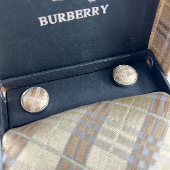 Burberry Silk Tie Necktie Boxed Set Cufflinks Pocket Square Cream Brown - Picture 2 of 16